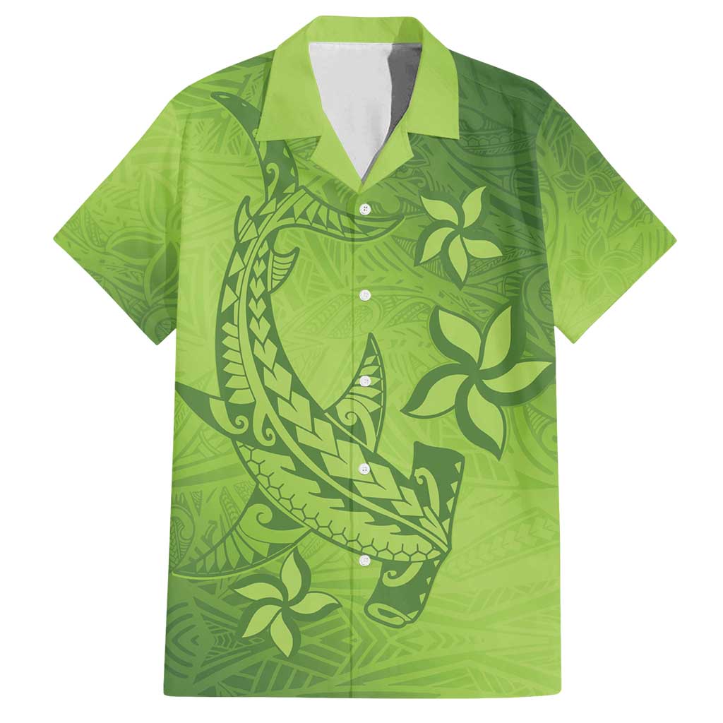 Green Gradient Polynesia Family Matching Off Shoulder Maxi Dress and Hawaiian Shirt Hawaiian Tribal Hammerhead Shark Tattoo LT14 Dad's Shirt - Short Sleeve Green - Polynesian Pride