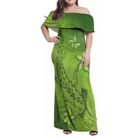 Green Gradient Polynesia Family Matching Off Shoulder Maxi Dress and Hawaiian Shirt Hawaiian Tribal Hammerhead Shark Tattoo LT14 Mom's Dress Green - Polynesian Pride