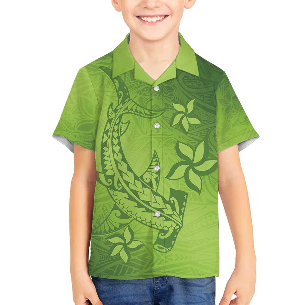 Green Gradient Polynesia Family Matching Off Shoulder Maxi Dress and Hawaiian Shirt Hawaiian Tribal Hammerhead Shark Tattoo LT14 Son's Shirt Green - Polynesian Pride