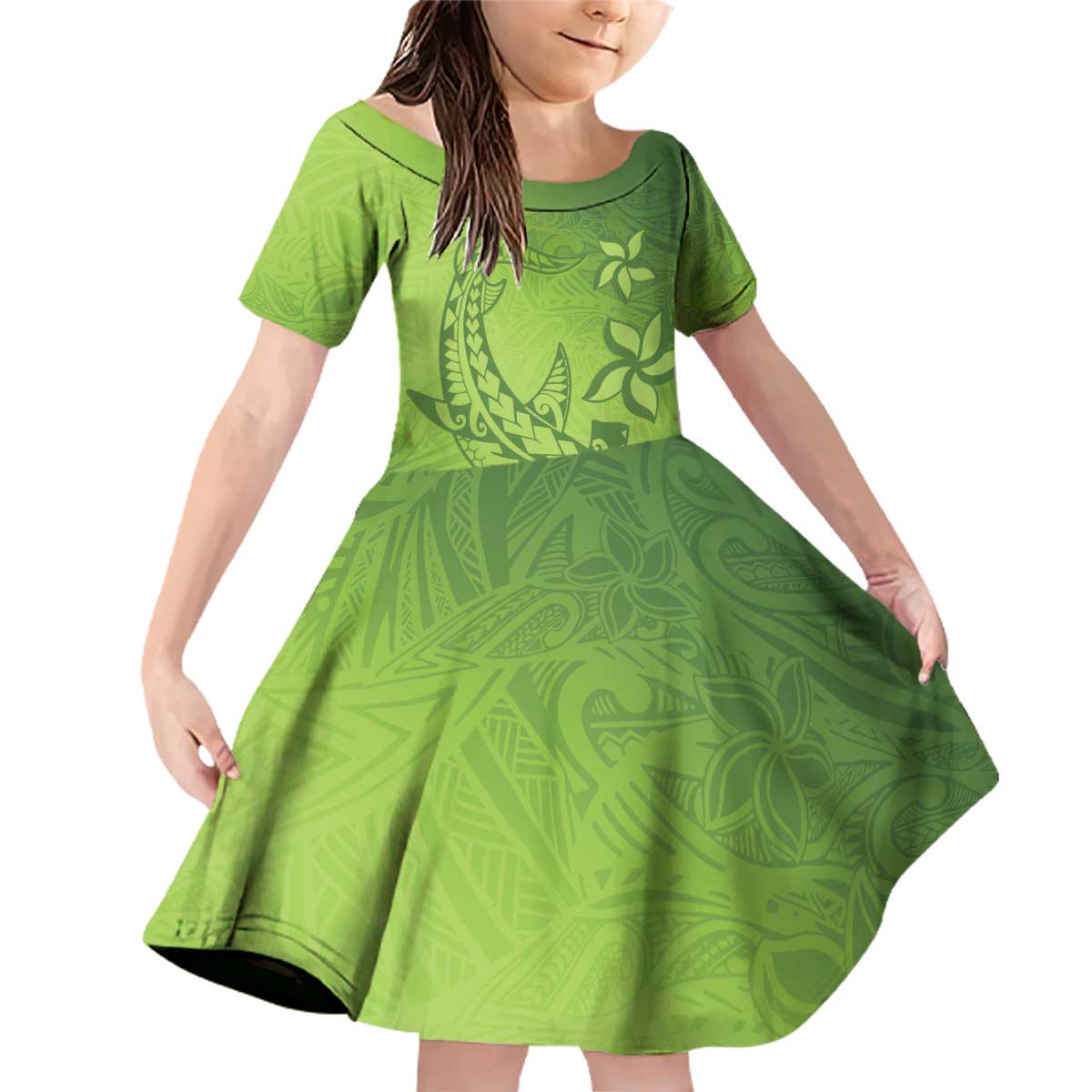 Green Gradient Polynesia Family Matching Off Shoulder Short Dress and Hawaiian Shirt Hawaiian Tribal Hammerhead Shark Tattoo LT14 Daughter's Dress Green - Polynesian Pride