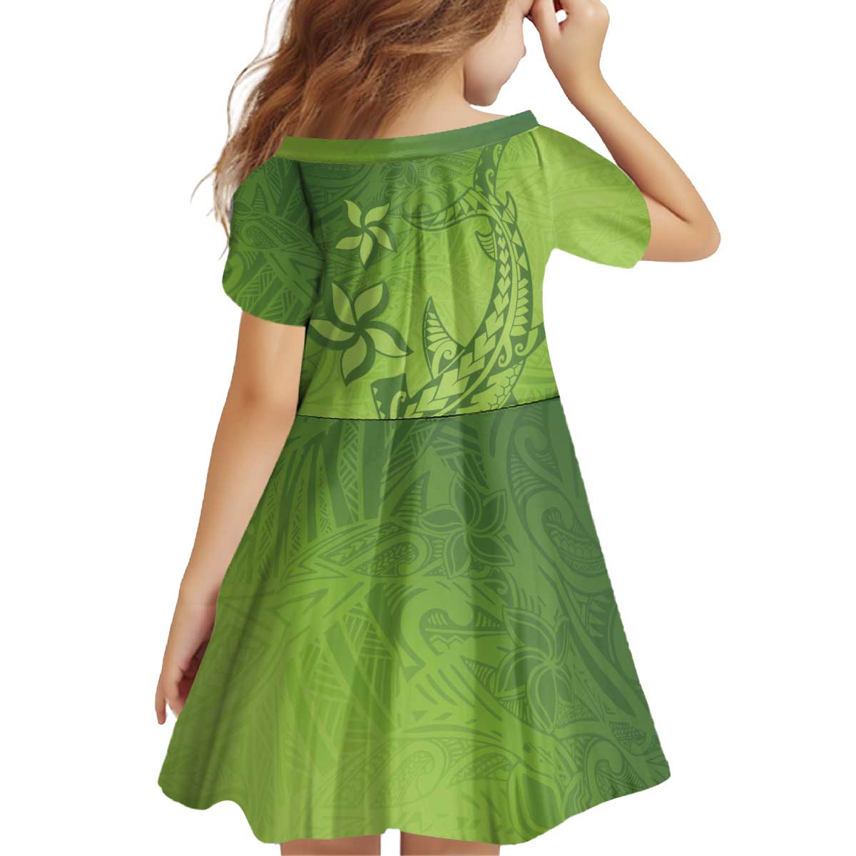 Green Gradient Polynesia Family Matching Off Shoulder Short Dress and Hawaiian Shirt Hawaiian Tribal Hammerhead Shark Tattoo LT14 - Polynesian Pride