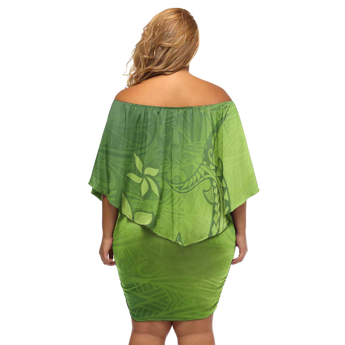Green Gradient Polynesia Family Matching Off Shoulder Short Dress and Hawaiian Shirt Hawaiian Tribal Hammerhead Shark Tattoo LT14 - Polynesian Pride