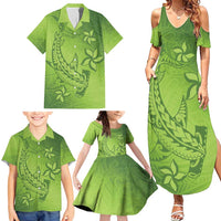 Green Gradient Polynesia Family Matching Summer Maxi Dress and Hawaiian Shirt Hawaiian Tribal Hammerhead Shark Tattoo LT14 - Polynesian Pride