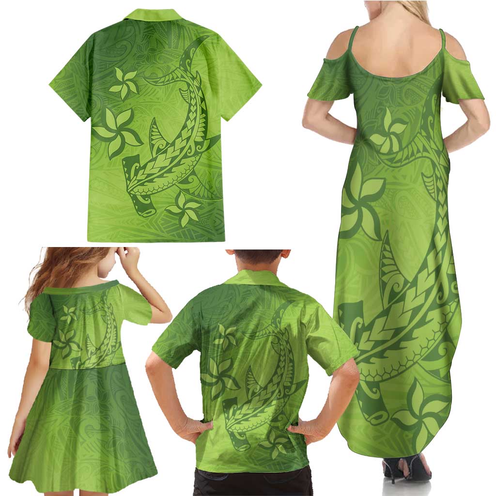 Green Gradient Polynesia Family Matching Summer Maxi Dress and Hawaiian Shirt Hawaiian Tribal Hammerhead Shark Tattoo LT14 - Polynesian Pride