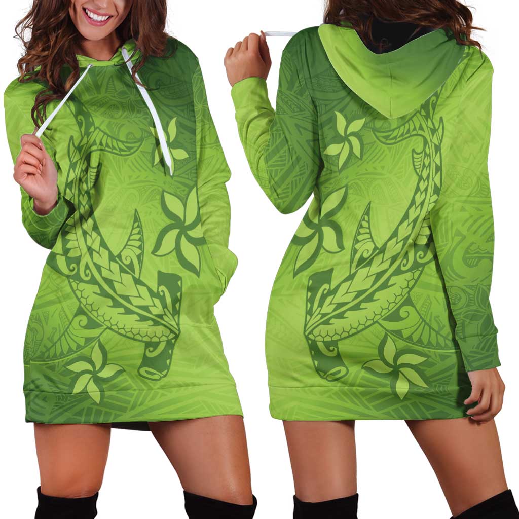 Green Gradient Polynesia Hoodie Dress Hawaiian Tribal Hammerhead Shark Tattoo