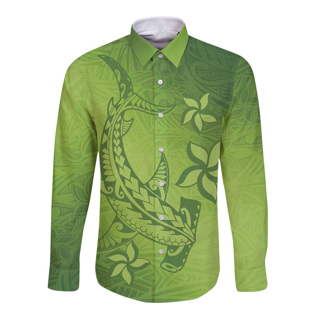 Green Gradient Polynesia Long Sleeve Button Shirt Hawaiian Tribal Hammerhead Shark Tattoo LT14 Unisex Green - Polynesian Pride