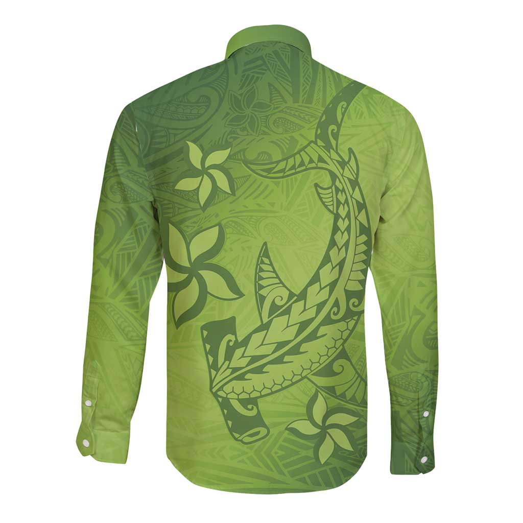 Green Gradient Polynesia Long Sleeve Button Shirt Hawaiian Tribal Hammerhead Shark Tattoo LT14 - Polynesian Pride