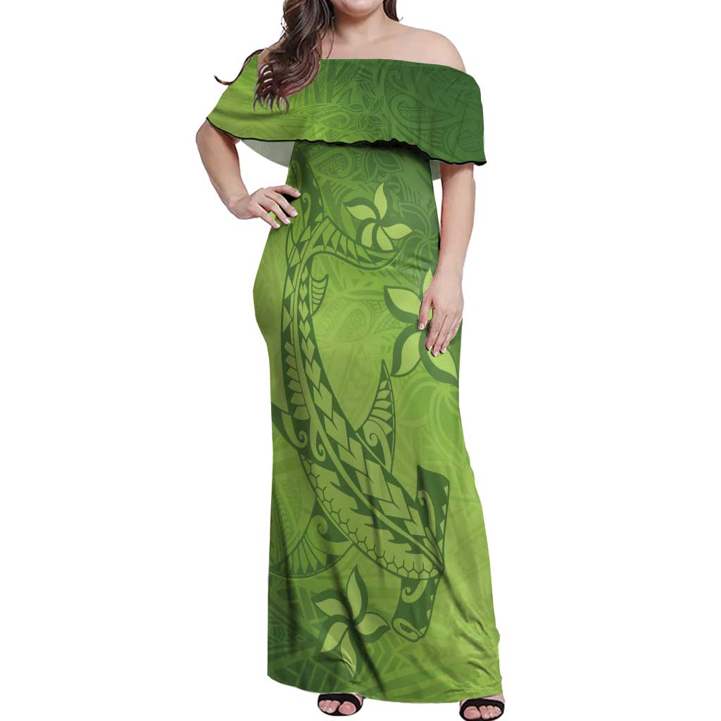 Green Gradient Polynesia Off Shoulder Maxi Dress Hawaiian Tribal Hammerhead Shark Tattoo
