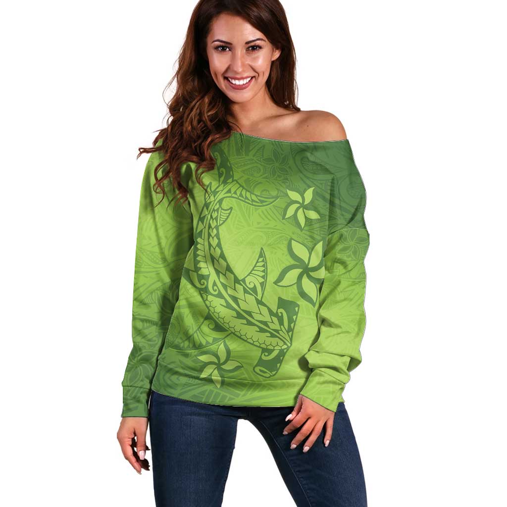 Green Gradient Polynesia Off Shoulder Sweater Hawaiian Tribal Hammerhead Shark Tattoo