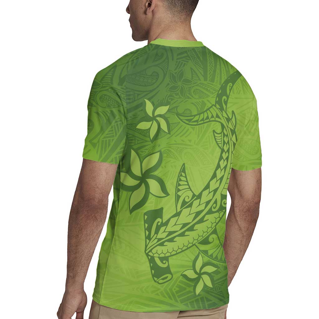 Green Gradient Polynesia Rugby Jersey Hawaiian Tribal Hammerhead Shark Tattoo