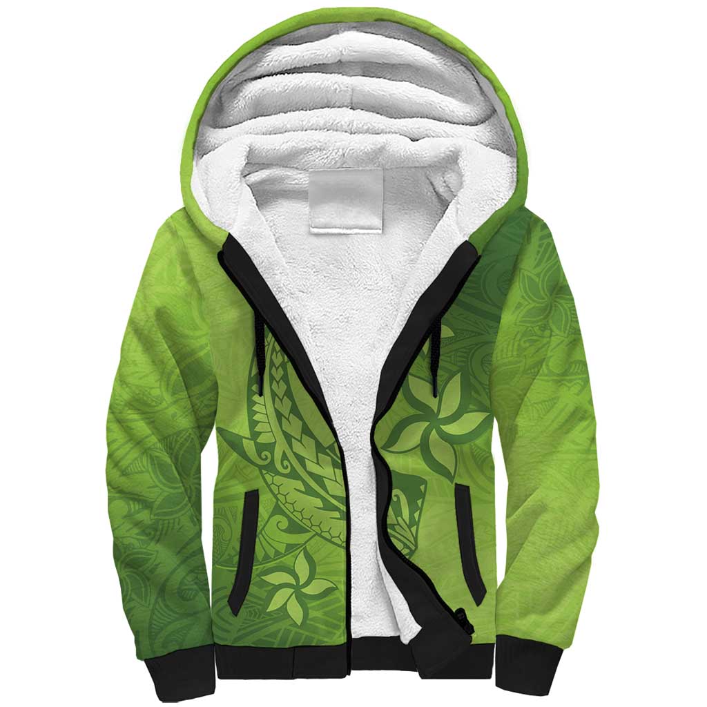 Green Gradient Polynesia Sherpa Hoodie Hawaiian Tribal Hammerhead Shark Tattoo