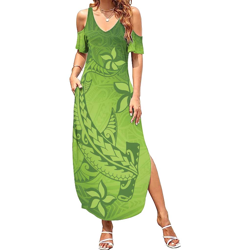 Green Gradient Polynesia Summer Maxi Dress Hawaiian Tribal Hammerhead Shark Tattoo