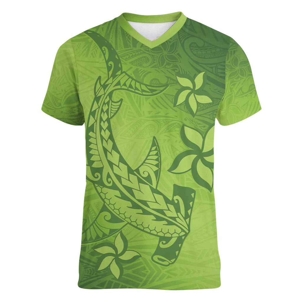 Green Gradient Polynesia Women V-Neck T-Shirt Hawaiian Tribal Hammerhead Shark Tattoo LT14 Female Green - Polynesian Pride