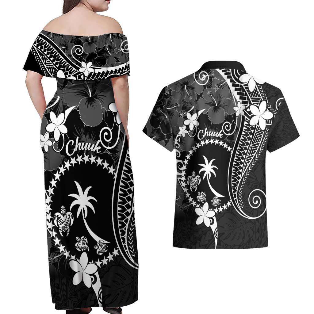 FSM Chuuk Couples Matching Off Shoulder Maxi Dress and Hawaiian Shirt Turtle Tropical Flowers Polynesian - Black LT14 - Polynesian Pride