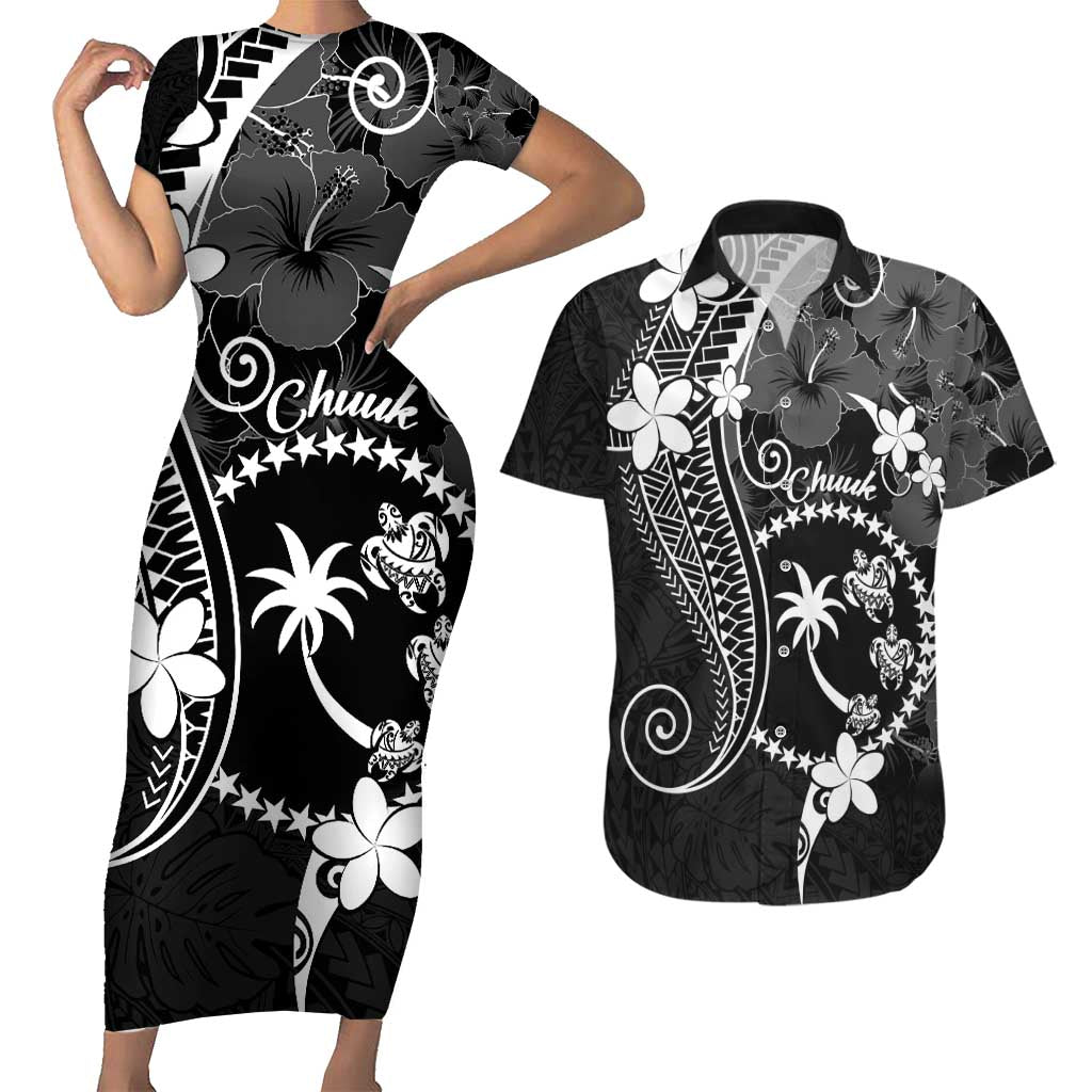 FSM Chuuk Couples Matching Short Sleeve Bodycon Dress and Hawaiian Shirt Turtle Tropical Flowers Polynesian - Black