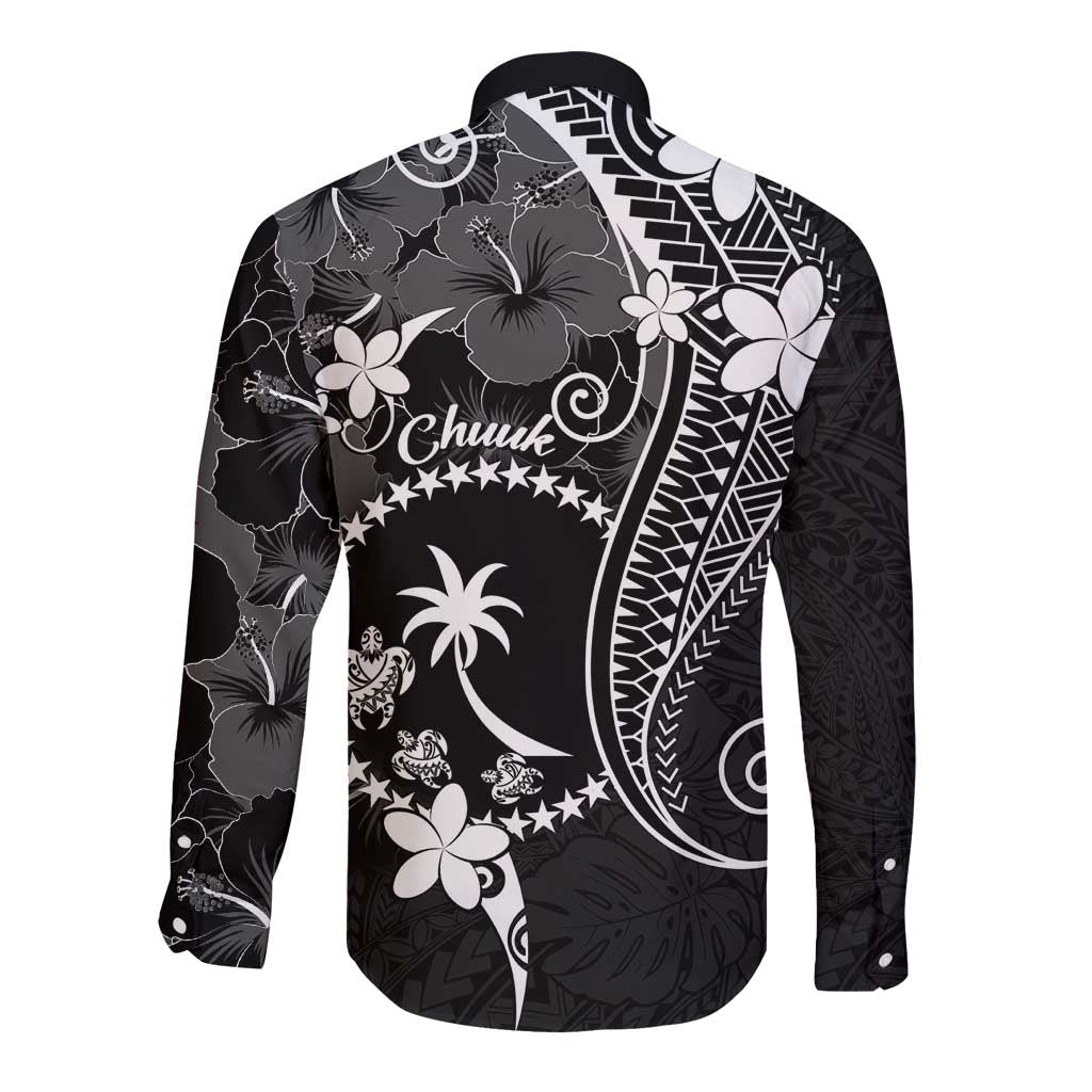 FSM Chuuk Long Sleeve Button Shirt Turtle Tropical Flowers Polynesian - Black LT14 - Polynesian Pride
