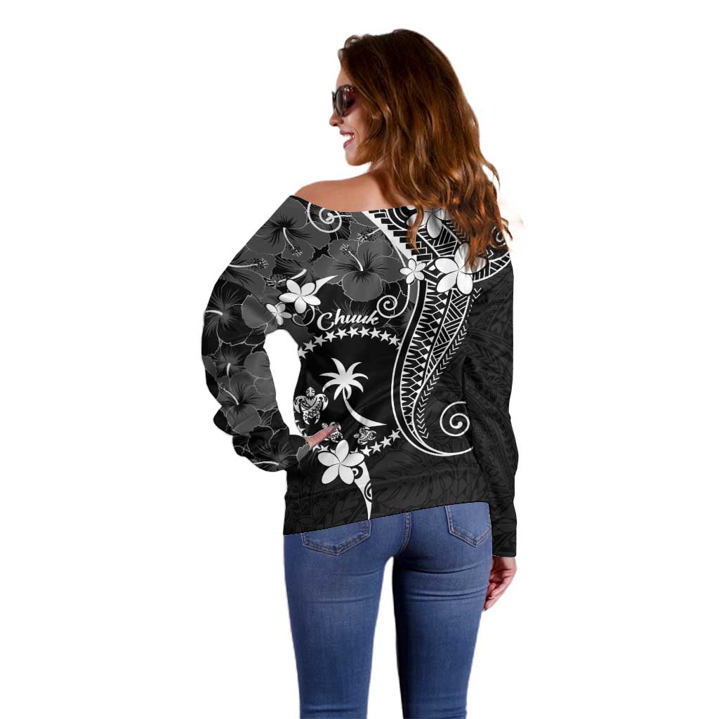 FSM Chuuk Off Shoulder Sweater Turtle Tropical Flowers Polynesian - Black