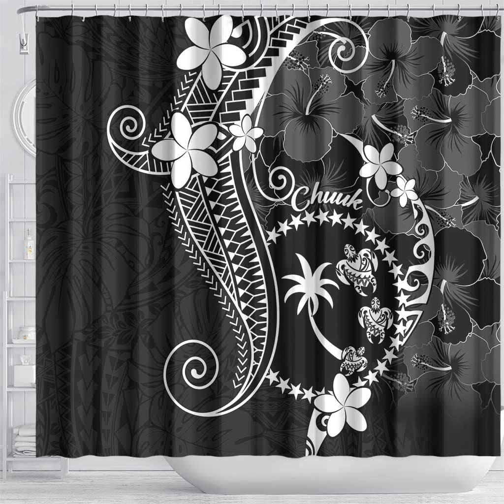 FSM Chuuk Shower Curtain Turtle Tropical Flowers Polynesian - Black