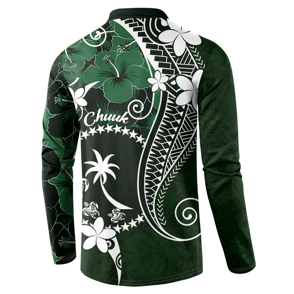 FSM Chuuk Button Sweatshirt Turtle Tropical Flowers Polynesian - Green