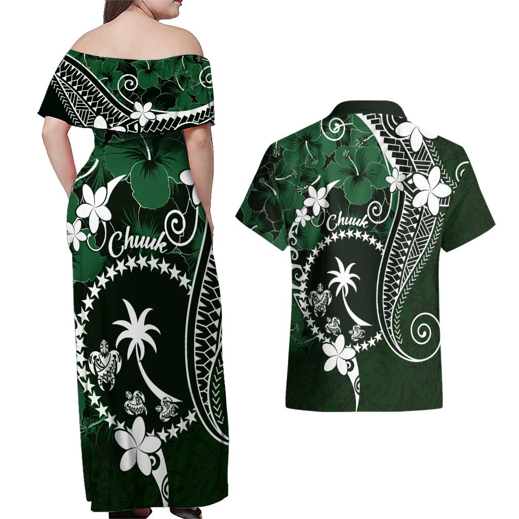 FSM Chuuk Couples Matching Off Shoulder Maxi Dress and Hawaiian Shirt Turtle Tropical Flowers Polynesian - Green LT14 - Polynesian Pride