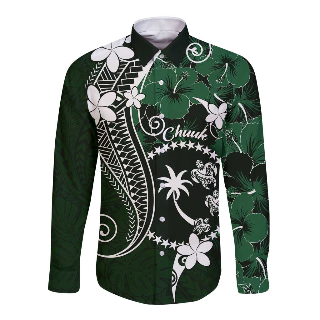 FSM Chuuk Long Sleeve Button Shirt Turtle Tropical Flowers Polynesian - Green LT14 Unisex Green - Polynesian Pride