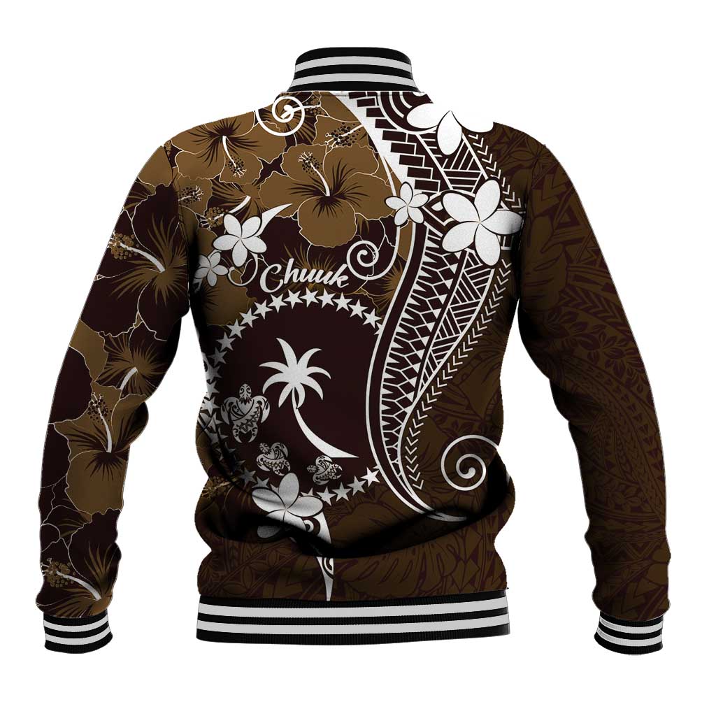 FSM Chuuk Baseball Jacket Turtle Tropical Flowers Polynesian - Brown