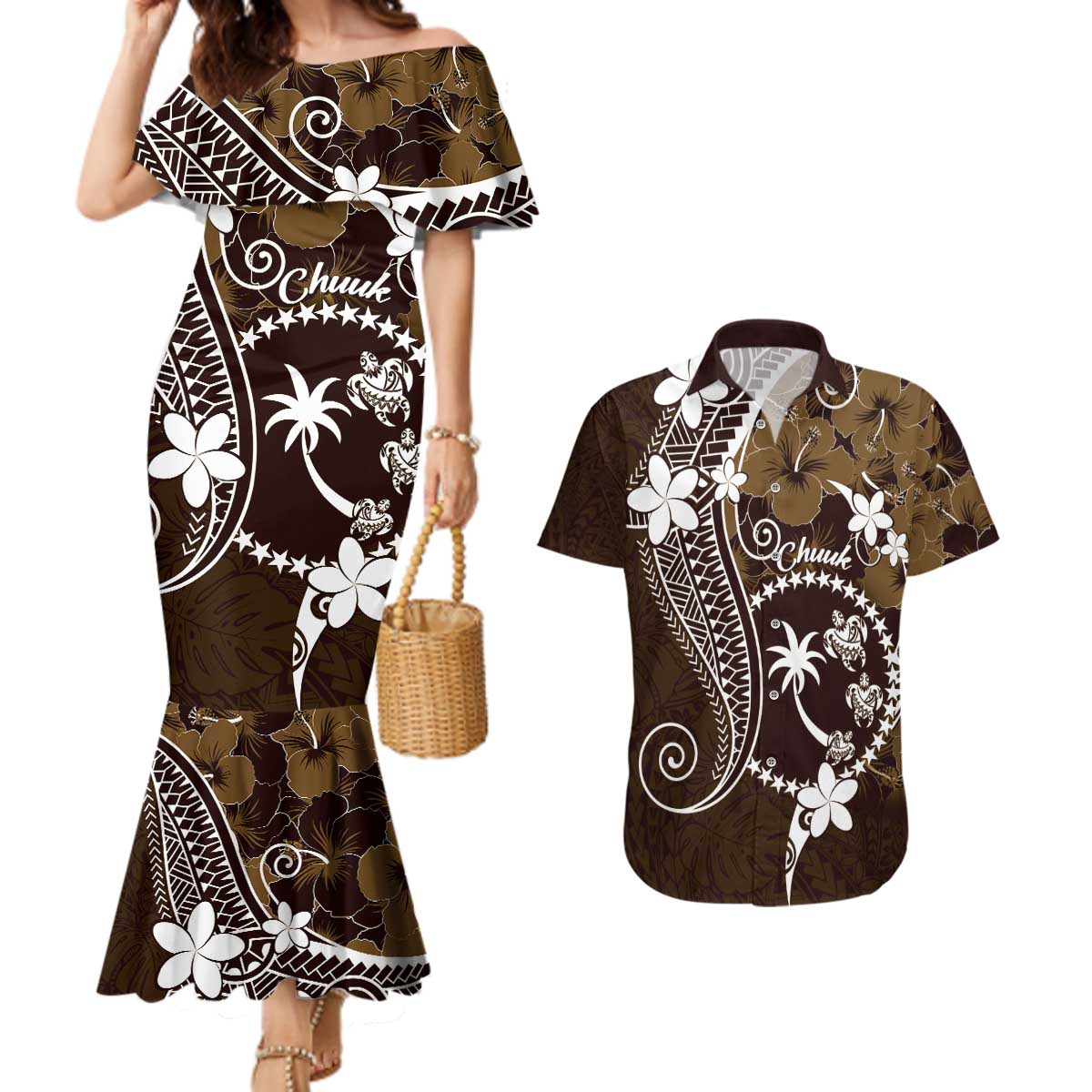 FSM Chuuk Couples Matching Mermaid Dress and Hawaiian Shirt Turtle Tropical Flowers Polynesian - Brown