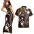 FSM Chuuk Couples Matching Short Sleeve Bodycon Dress and Hawaiian Shirt Turtle Tropical Flowers Polynesian - Brown