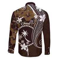 FSM Chuuk Family Matching Long Sleeve Bodycon Dress and Hawaiian Shirt Turtle Tropical Flowers Polynesian - Brown