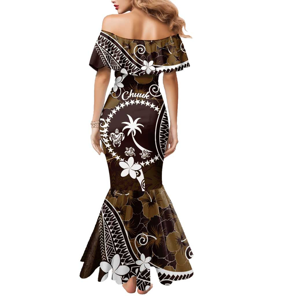 FSM Chuuk Family Matching Mermaid Dress and Hawaiian Shirt Turtle Tropical Flowers Polynesian - Brown