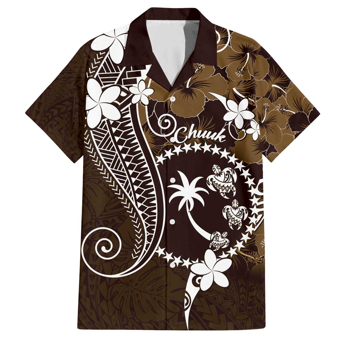FSM Chuuk Family Matching Off The Shoulder Long Sleeve Dress and Hawaiian Shirt Turtle Tropical Flowers Polynesian - Brown