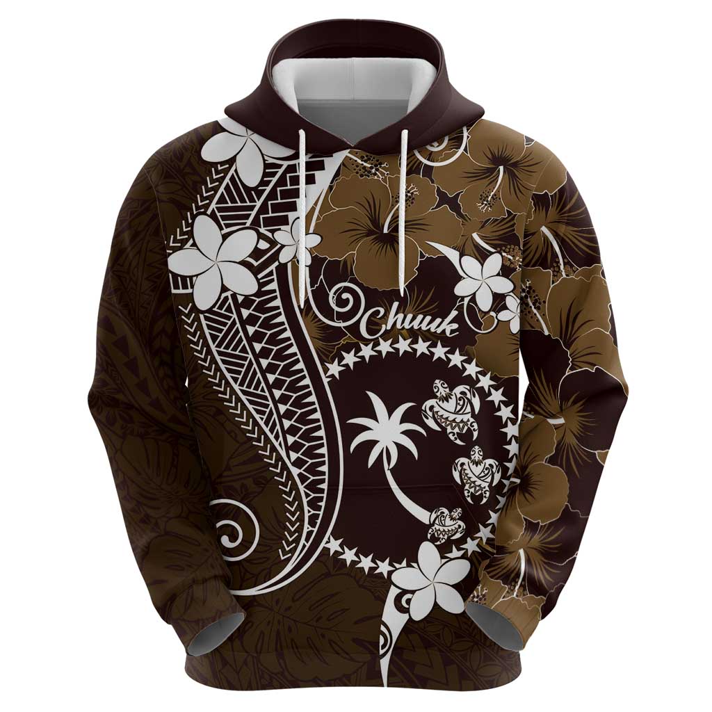 FSM Chuuk Zip Hoodie Turtle Tropical Flowers Polynesian - Brown