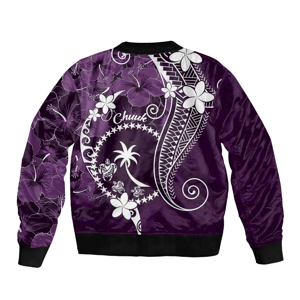 FSM Chuuk Bomber Jacket Turtle Tropical Flowers Polynesian - Purple