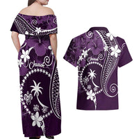 FSM Chuuk Couples Matching Off Shoulder Maxi Dress and Hawaiian Shirt Turtle Tropical Flowers Polynesian - Purple LT14 - Polynesian Pride