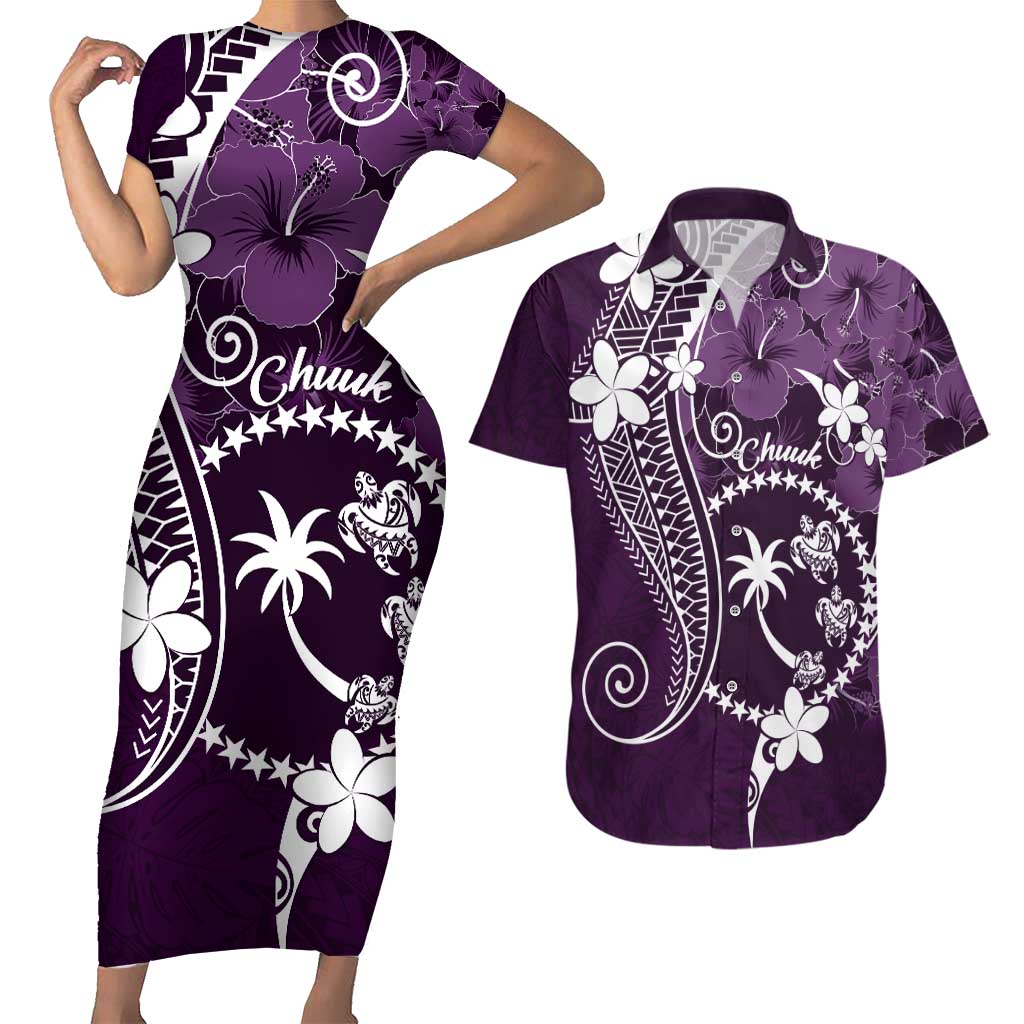 FSM Chuuk Couples Matching Short Sleeve Bodycon Dress and Hawaiian Shirt Turtle Tropical Flowers Polynesian - Purple