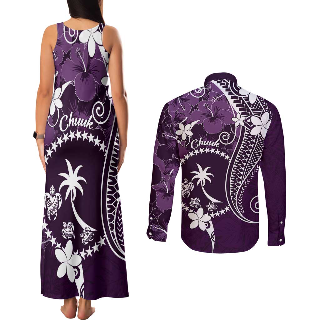 FSM Chuuk Couples Matching Tank Maxi Dress and Long Sleeve Button Shirt Turtle Tropical Flowers Polynesian - Purple