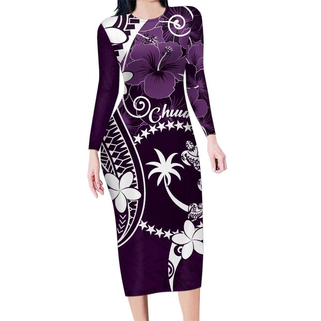 FSM Chuuk Family Matching Long Sleeve Bodycon Dress and Hawaiian Shirt Turtle Tropical Flowers Polynesian - Purple