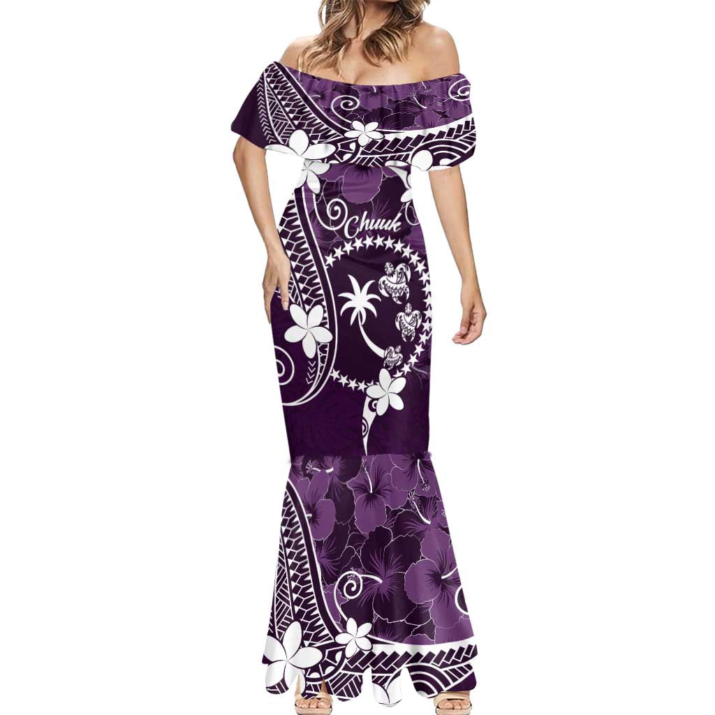 FSM Chuuk Mermaid Dress Turtle Tropical Flowers Polynesian - Purple