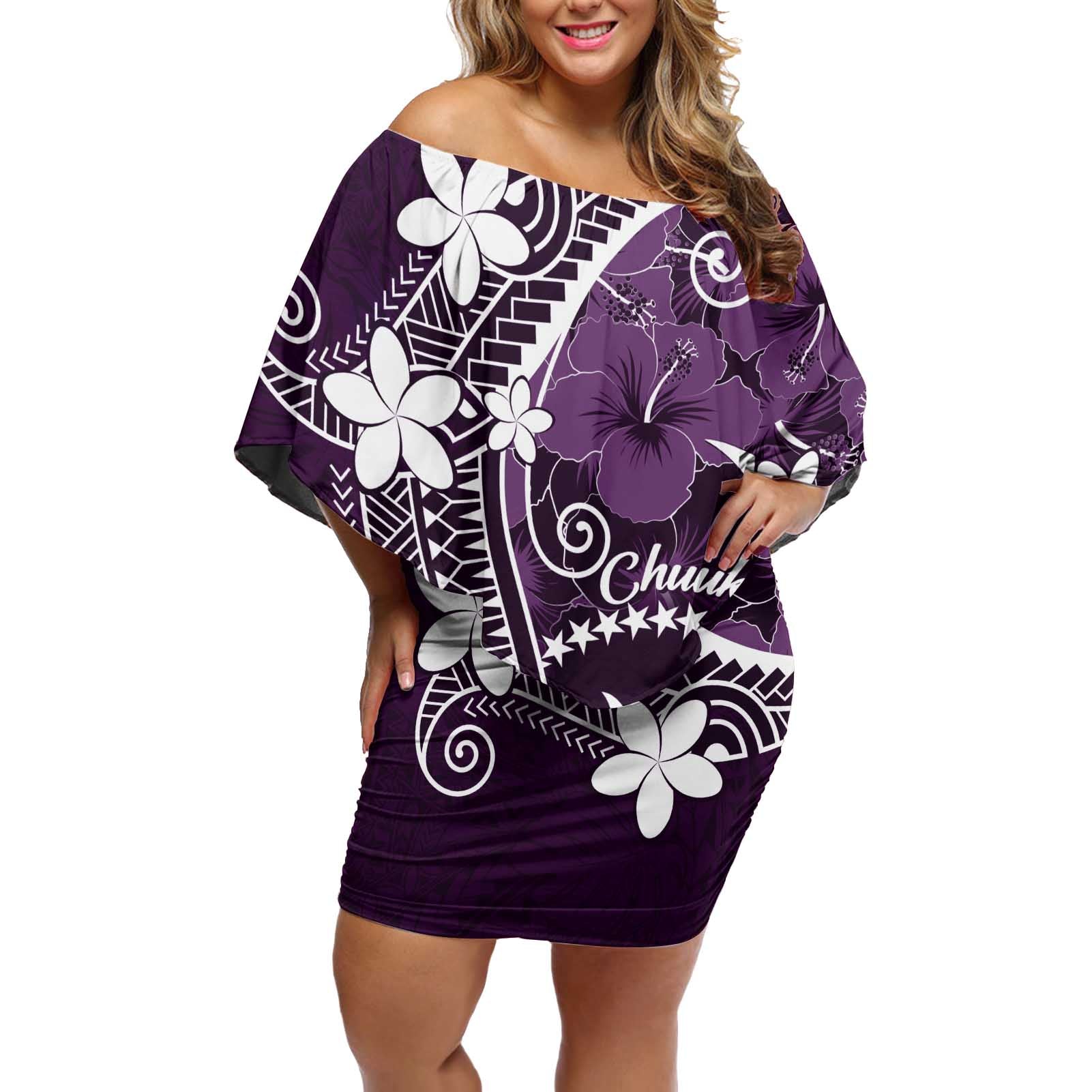 FSM Chuuk Off Shoulder Short Dress Turtle Tropical Flowers Polynesian - Purple