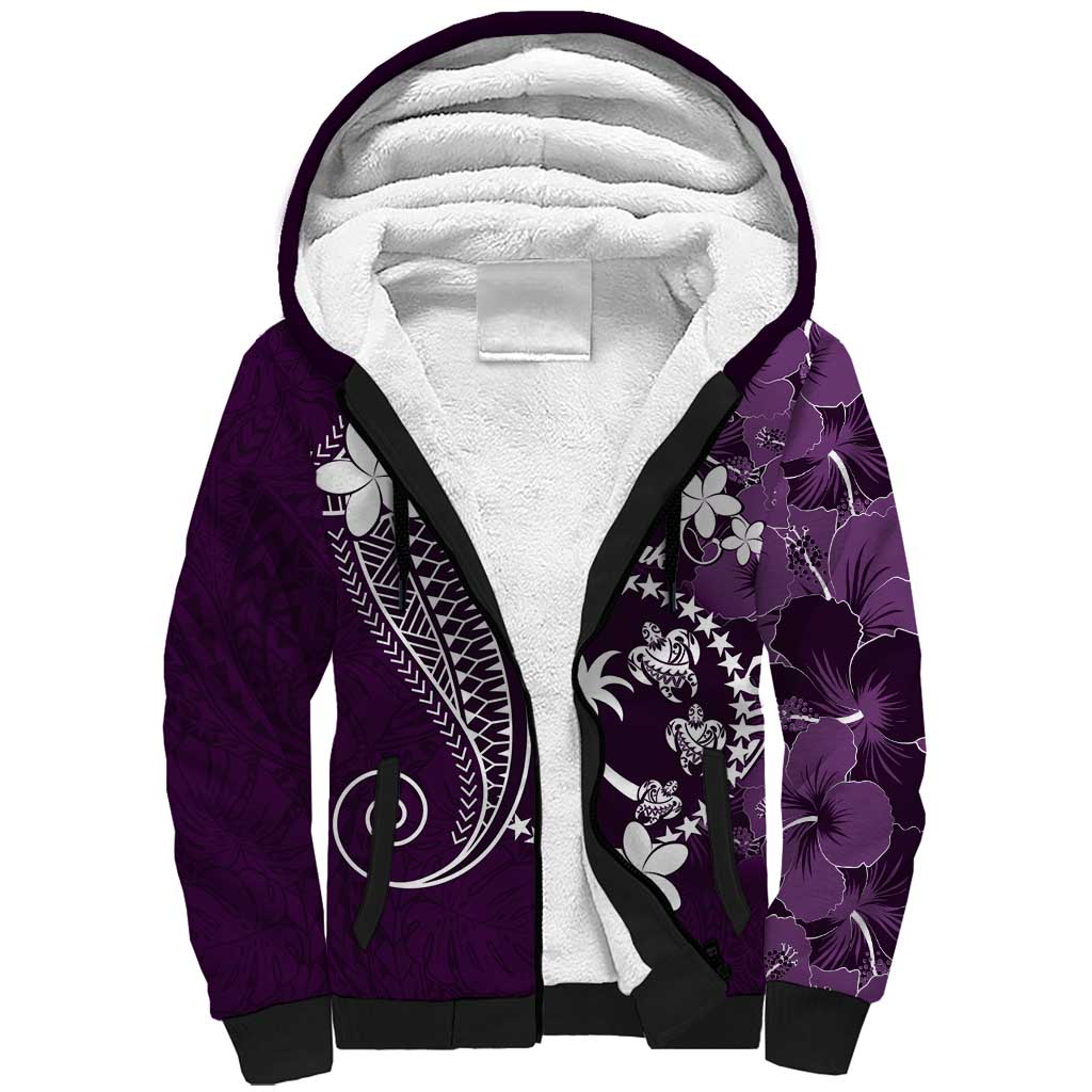 FSM Chuuk Sherpa Hoodie Turtle Tropical Flowers Polynesian - Purple