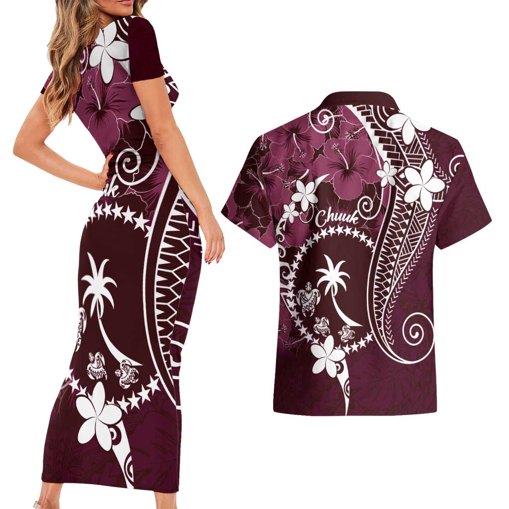 FSM Chuuk Couples Matching Short Sleeve Bodycon Dress and Hawaiian Shirt Turtle Tropical Flowers Polynesian - Pink