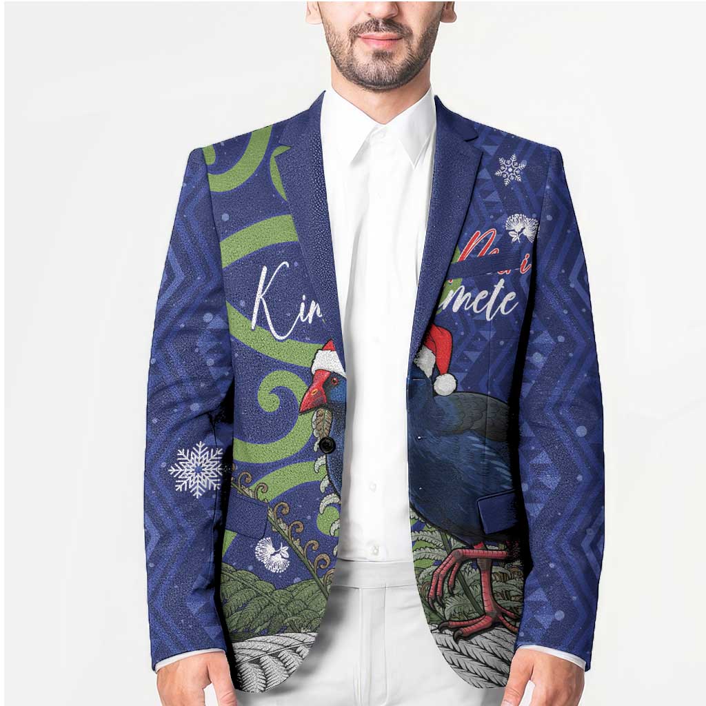 Personalized New Zealand Pukeko Christmas Blazer Meri Kirihimete Taniko Ponga Koru Blue - Polynesian Pride