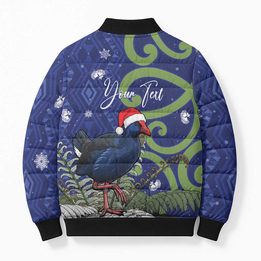 Personalized New Zealand Pukeko Christmas Bomber Puffer Jacket Meri Kirihimete Taniko Ponga Koru Blue - Polynesian Pride