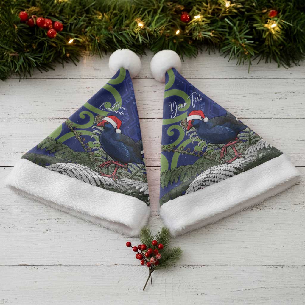 Personalized New Zealand Pukeko Christmas Santa Hat Meri Kirihimete Taniko Ponga Koru Blue - Polynesian Pride