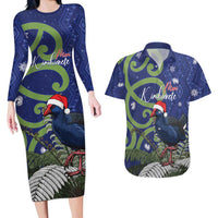 Personalized New Zealand Pukeko Christmas Couples Matching Long Sleeve Bodycon Dress and Hawaiian Shirt Meri Kirihimete Taniko Ponga Koru Blue - Polynesian Pride