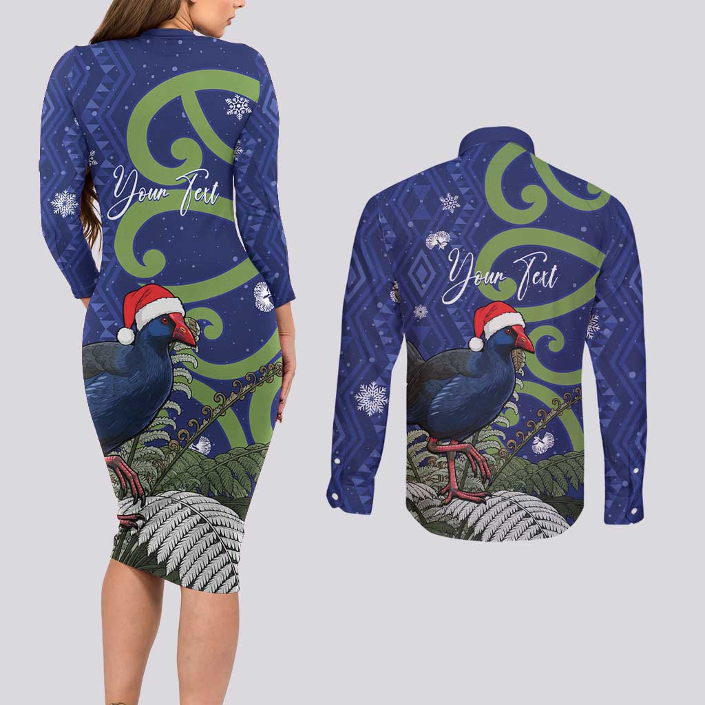 Personalized New Zealand Pukeko Christmas Couples Matching Long Sleeve Bodycon Dress and Long Sleeve Button Shirt Meri Kirihimete Taniko Ponga Koru Blue - Polynesian Pride
