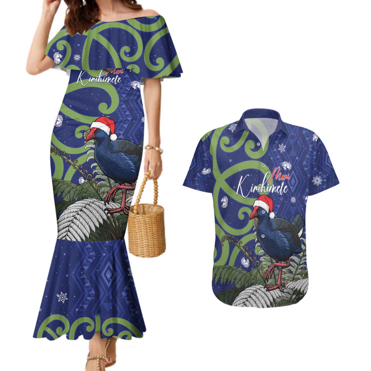 Personalized New Zealand Pukeko Christmas Couples Matching Mermaid Dress and Hawaiian Shirt Meri Kirihimete Taniko Ponga Koru Blue - Polynesian Pride