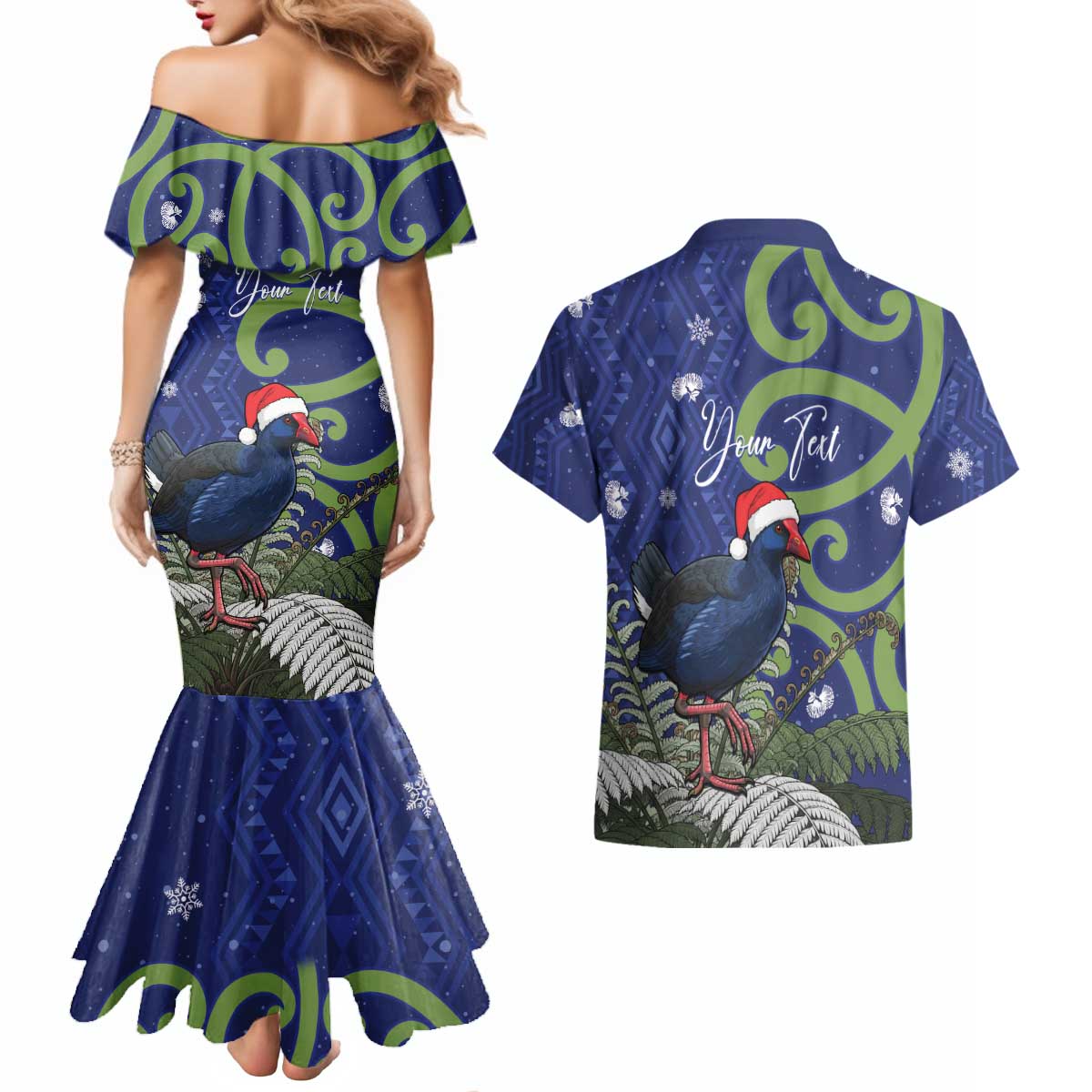 Personalized New Zealand Pukeko Christmas Couples Matching Mermaid Dress and Hawaiian Shirt Meri Kirihimete Taniko Ponga Koru Blue - Polynesian Pride