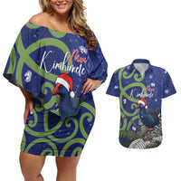 Personalized New Zealand Pukeko Christmas Couples Matching Off Shoulder Short Dress and Hawaiian Shirt Meri Kirihimete Taniko Ponga Koru Blue - Polynesian Pride
