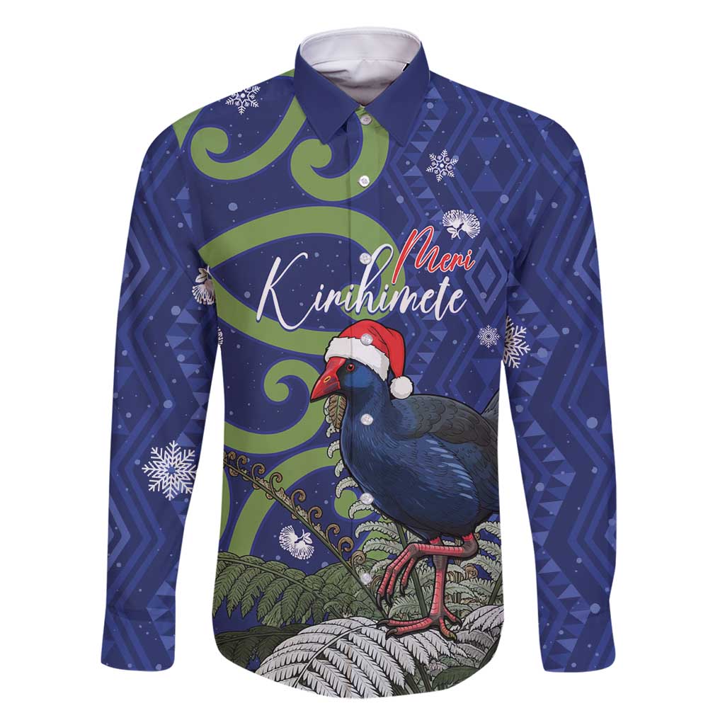 Personalized New Zealand Pukeko Christmas Family Matching Long Sleeve Bodycon Dress and Hawaiian Shirt Meri Kirihimete Taniko Ponga Koru Blue LT14 Dad's Shirt - Long Sleeve Blue - Polynesian Pride